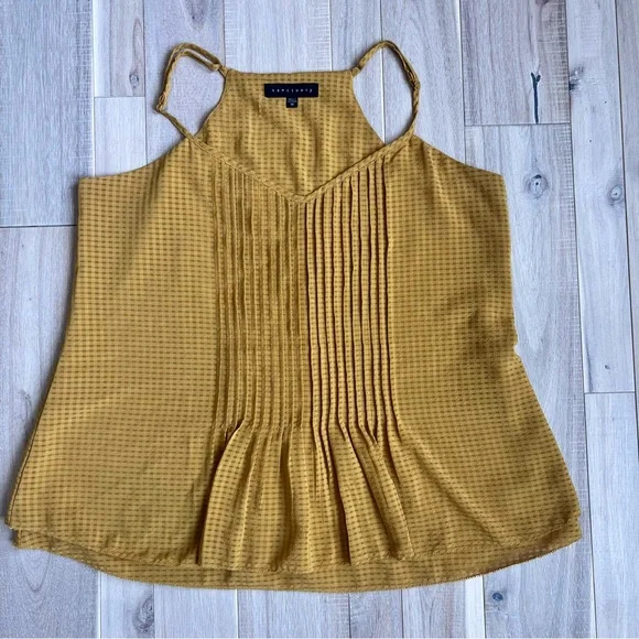 SANCTUARY mustard yellow pleated front, light ruffle trim sleeveless V neck top - Picture 2 of 10